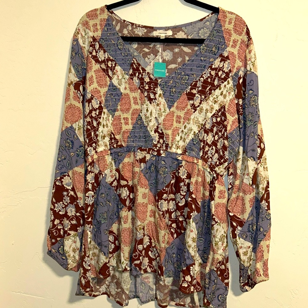 Maurices XXL Peplum Rayon Empire Waist Boho Patchwork V Neck Blouse Boho Style - Picture 4 of 16